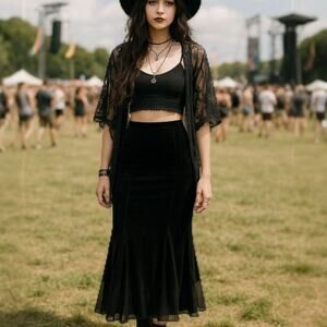 Vintage Y2K 90s Dressbarn Velvet Maxi Skirt 18W Black Sheer Panel Goth Grunge